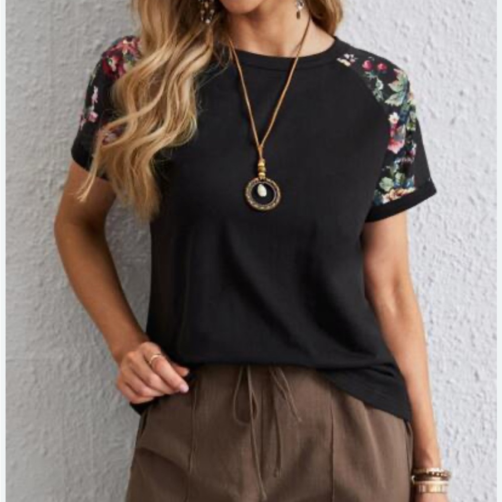 SHEIN Multicolored Floral Sleeve Relaxed T-Shirt